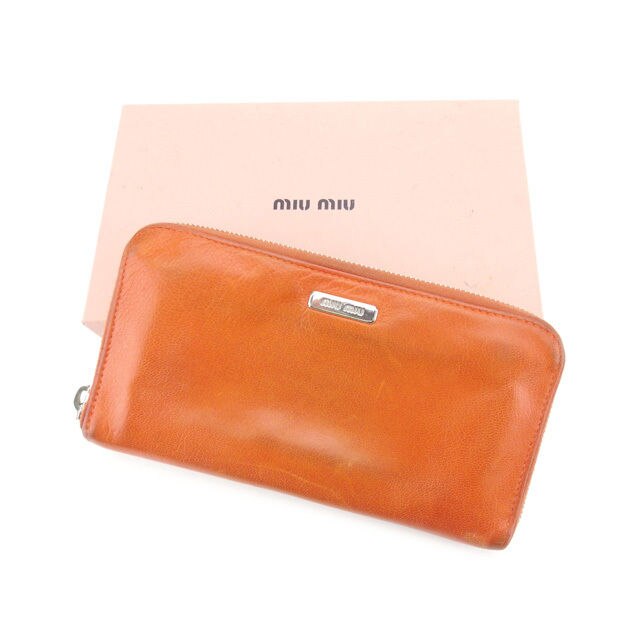 長財布 ラウンドファスナー ロゴプレート オレンジ シルバー 中古