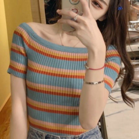 レトロカラー半袖カットソー トップス カットソー 半袖 ラウンドネック オフショルダー スリム