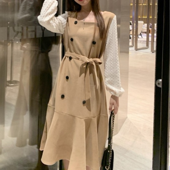 切替えデザインロングワンピース ワンピース ロング 長袖 ラウンドネック フレア Aライン リボン 5,003円