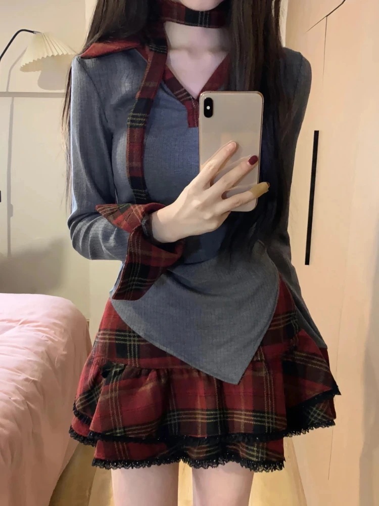 女性用プレッピースタイルスリムセット,長袖トップス,チェックスカート,レース,ハイウエスト,ニット,韓国ファッション,秋,y2k,2個 - 200000345