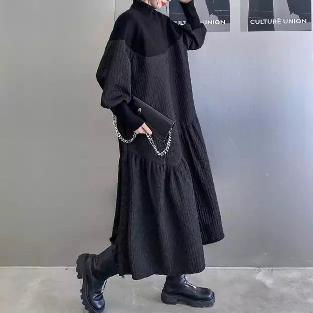 【再入荷予定】 秋服 エレガント 無地 長袖 ランタンスリーブ 切り替え ハーフネック プルオーバー カジュアルワンピース