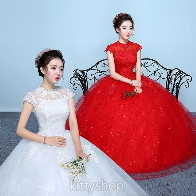 激安 ウェディングドレス 袖あり ホワイト 赤 ドレス 結婚式 花嫁ドレス Aライン ロングドレス 白 二次会ドレス 披露宴 ブライダルドレス 挙式
