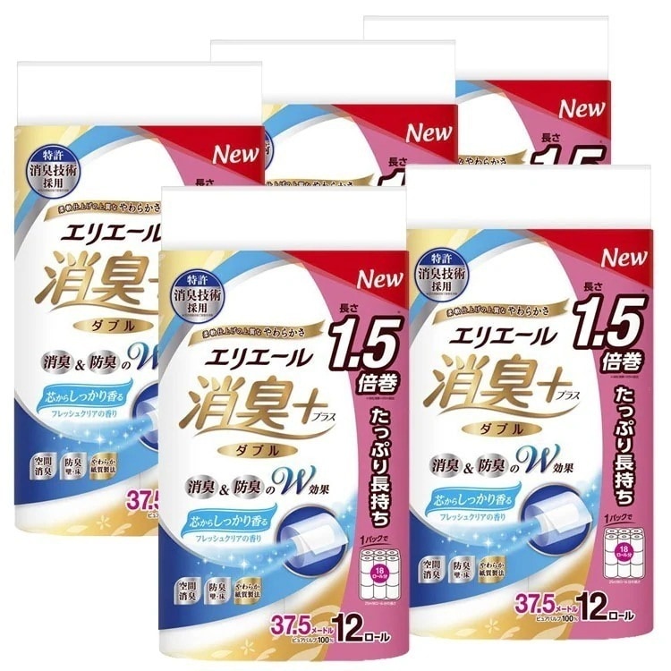 【5個セット】エリエール 消臭+ トイレットティシュー たっぷり長持ち12ロール ダブル 幅114mm長さ37.5m フレッシュクリアの香り 142778 大王製紙 (D) メガ割 6,043円