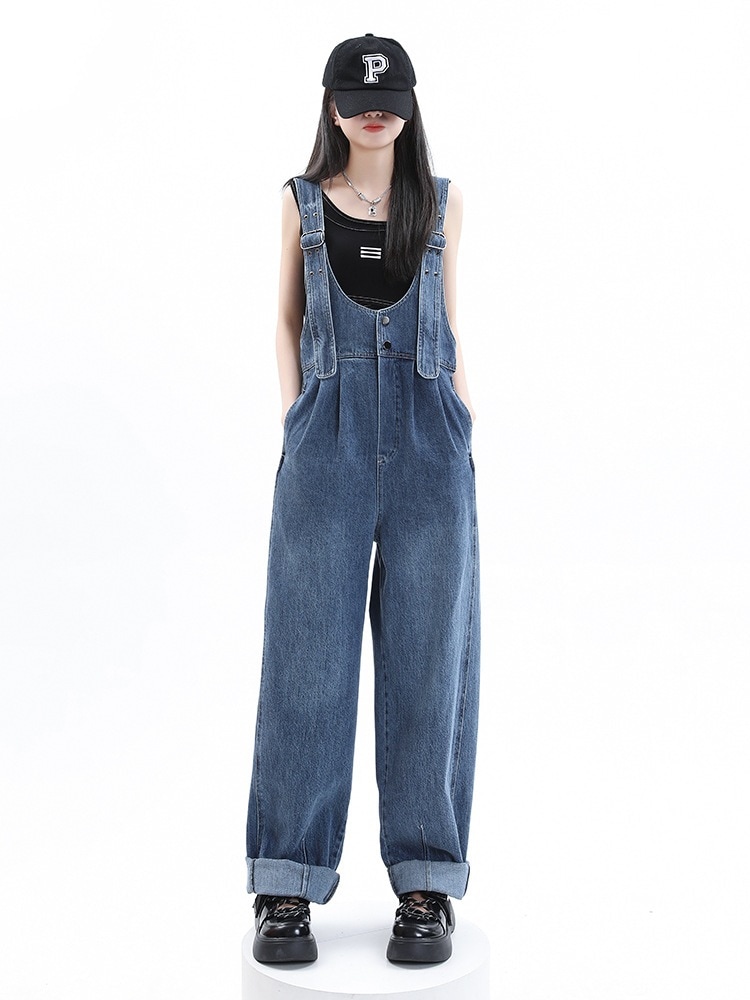 韓国 カジュアル デニム サロペット オーバーオール ハイウエスト ワイドパンツ ゆったり おしゃれ 百掛け ストレート 美脚 ズボン