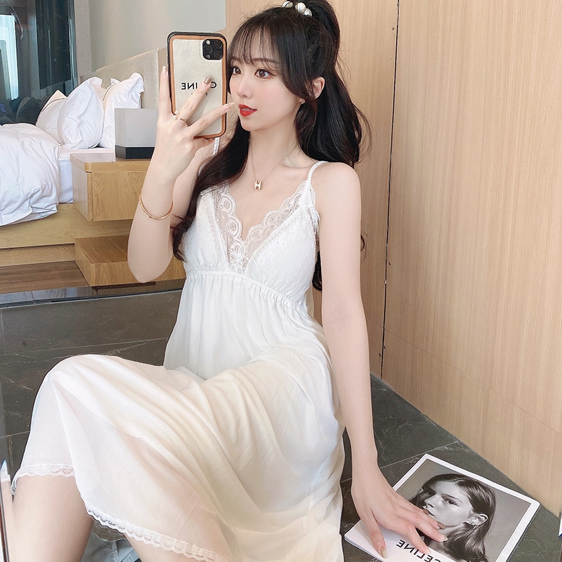 レースワンピース ワンピース ルームウェア パジャマ 部屋着 寝巻き ナイトウェア ネグリジェ ミモレ ミモレ丈 ロング ロング丈 袖なし ノースリーブ Vネック フレア レース 綿 かわいい