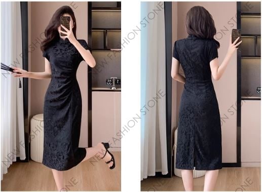 新中式レトロな半袖ワンピース黒のドレスチャイナドレス-24