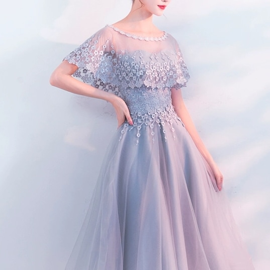 レディース ドレス 衣装 ミディアム丈ドレス ワンピース ワンピースドレス ステージドレス ミディアム丈 フレア 半袖 ラウンドネック シースルー 刺繡 ウエストマーク かわいい 大人可愛い きれいめ