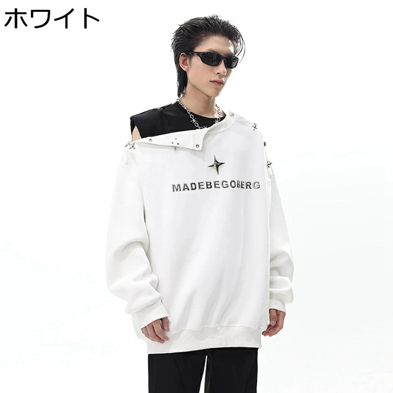 パーカー トレーナー メンズ ボタン 個性的 メタリック 長袖 クルーネック デザイン アルファベット柄 トップス ビックシルエット 秋服 冬服 柔ら b系 V系 カッコイイ ペアルック 通学 運動