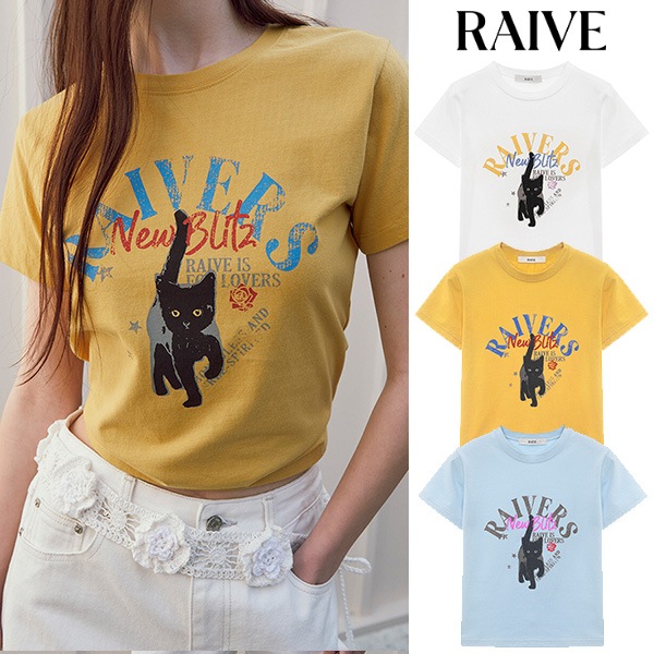 ブラック レイブ キャット グラフィック 半袖 Tシャツ_3色