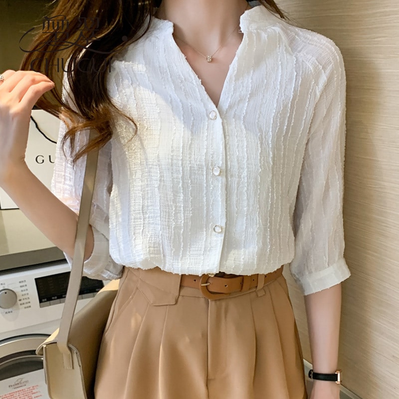 シフォンシャツ 外国スタイル トップス デート シャツ ブラウス 白シャツ 白トップス 袖あり 半袖 Vネック ストレート スマート シフォン 前開き かわいい 大人可愛い きれいめ シンプル