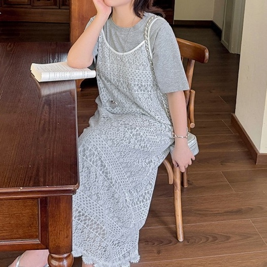 レディース ワンピース 2点セット キャミワンピー ミモレ ロング 5分袖 ラウンドネック Iライン レース 透け感 かわいい 大人可愛い シンプル カジュアル おしゃれ レトロ ラフ 存在感