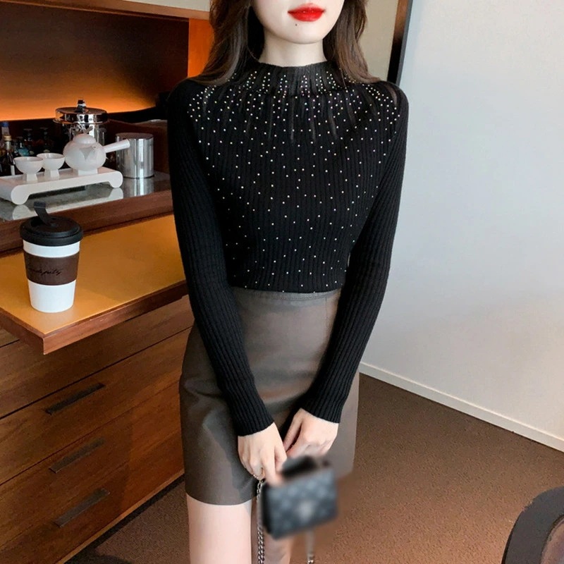 セーター ハイネック レディース ニット トップス タートルネック 秋冬 暖かい 大人 無地 おしゃれ Tシャツ 日常 カワイイ 着回し ラインストーン 秋 冬 リブニット レース 高伸縮 エレガント