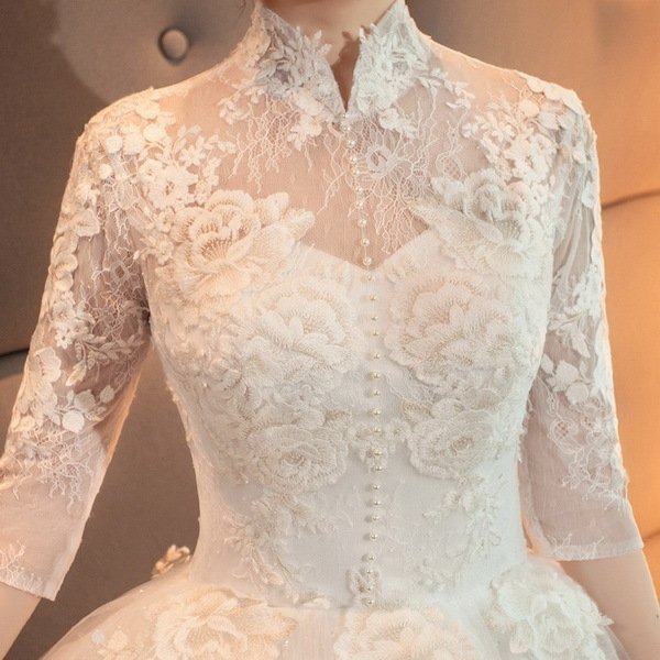 ウェディングドレス ウェディングドレス白 パーティードレス 立襟レース花 花嫁ロングドレス 結婚式