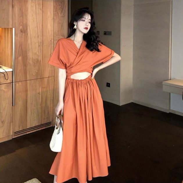 レディース スカート ワンピース ドレス ロングスカート ロング 半袖 Vネック スリム 細身 ストレート Aライン ウエストマーク ウエストリボン バックリボン 大人可愛い きれいめ