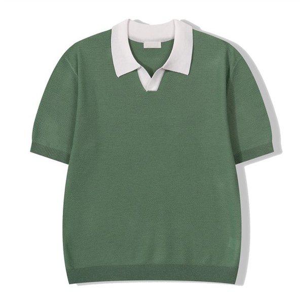 男性配色オープンカラーネック半袖ニットTシャツ GN-KNH-Q010-グリーン