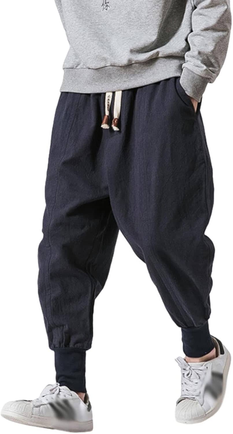 カーゴパンツ メンズ 作業パンツ ワイドパンツ ロングパンツ 綿麻 ウエストゴム紐 ポケット付き リブ裾 ずぼん アンクルパンツ 動きやすい はき心地いい カジュアル 旅行 ストリート系 お兄系 無地