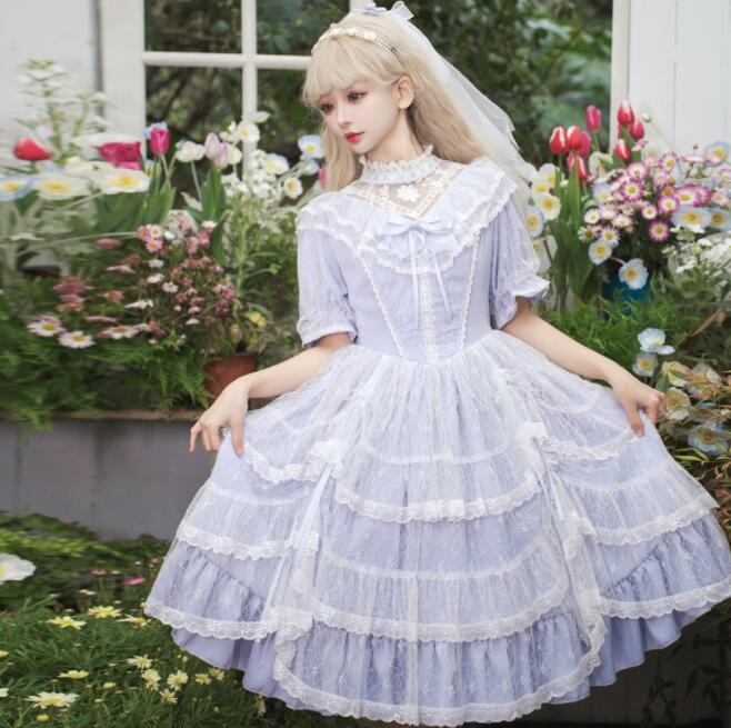 ロリータ ドレス 半袖 ゴスロリ＆ロリータ服 ミモレ丈 お姫様 ロリータ ワンピース レース切替 ハイネック レースのカバー付き 裾フリル いっぱい ティアード 繊細の花刺繍 レース Ａライン レトロ