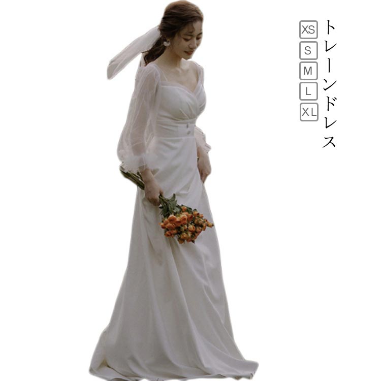 新品登場 ワンピース ウェディングドレス ウェディング トレーンドレス 結婚式 ウェディングドレス 海外 挙式 ドレス トレーン付き ホワイト 長袖 ファスナータイプ Vネック aライン ウエディング