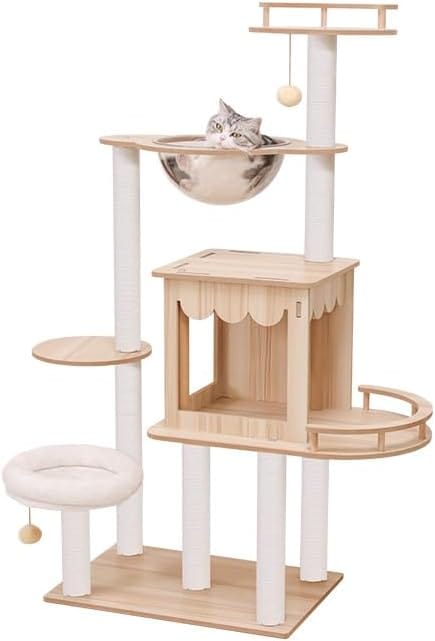 PETTIFUL キャットタワー 木製 据え置き おしゃれ シニア 大型猫 宇宙船 クリアボウル 大型 安定性高い どっしり インテリアに馴染み インテリア性高い 天然木目 大型猫