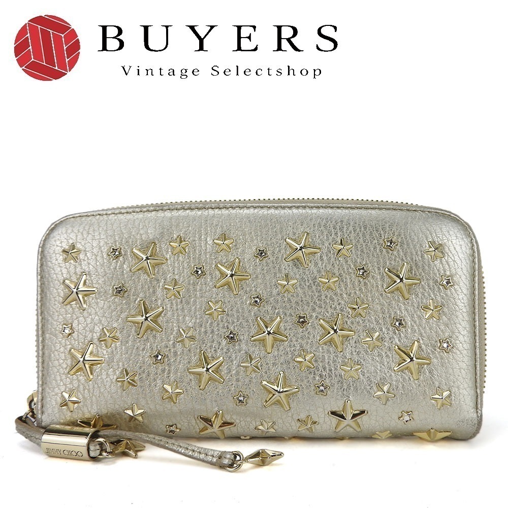 中古 長財布 レザー シャンパンゴールド ゴールド金具 スタースタッズ クリスタルスター ラウンドファスナー レディース 女性