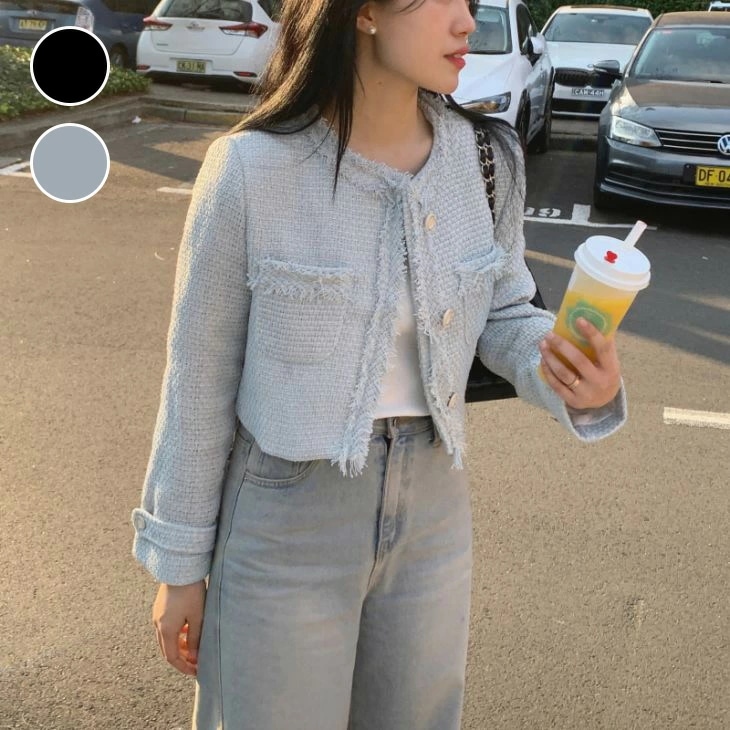 半額クーポン対象切りっぱなし風 ノーカラー ツイード ショート ジャケット ショート丈 フリンジ きれいめ アウター 秋冬 おすすめ レディース オシャレ トレンド 人気 プチプラ 韓国ファッション2 8,512円