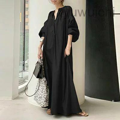 ロングワンピース レディース きれいめ ランタンスリーブ 七分袖 Vネック ワンピース 可愛い ワンピ ブラック 黒 春 夏 秋 20代 30代 40代 50代 ロング ロング