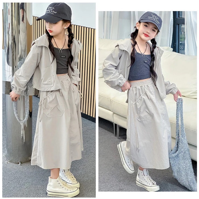 子供服 女の子 セットアップ カジュアル 2点セット キッズ 長袖 アウター+スカート 上下セット ファッション 通学着 スカートセット ページュ 旅行 お出かけ ガールズ 上下 春服 秋服 お