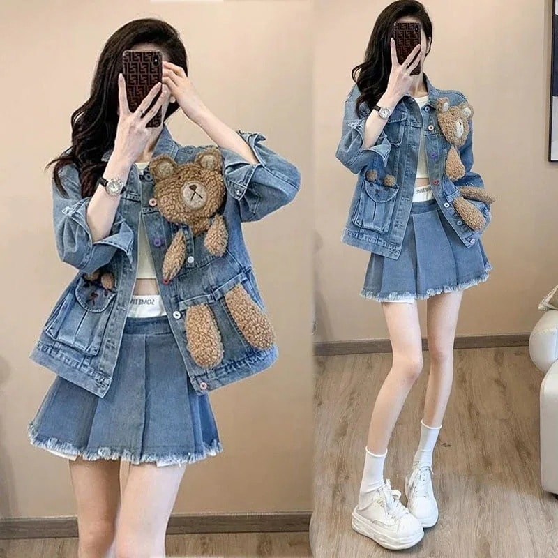 [高质量 ]本日の商品新作 デニムジャケット レディース 韓国風カートゥーンくまのカウボーイ上着トップス アウター