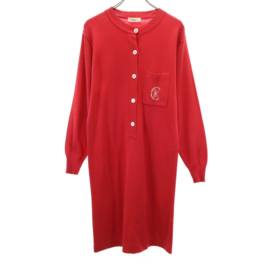 長袖 ニット ワンピース 40 レッド レディース 古着