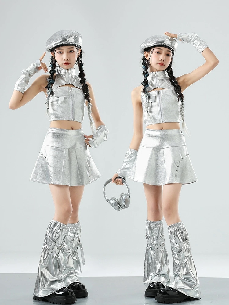 デビューした新品銀色 上下セット 女の子 キッズ舞台ステージ衣装 手袋付き ノースリーブトップス ハイネック へそ出し スカート 光沢 運動会 子供ダンス衣装 ヒップホップ 演出服 学園祭 パフォーマ