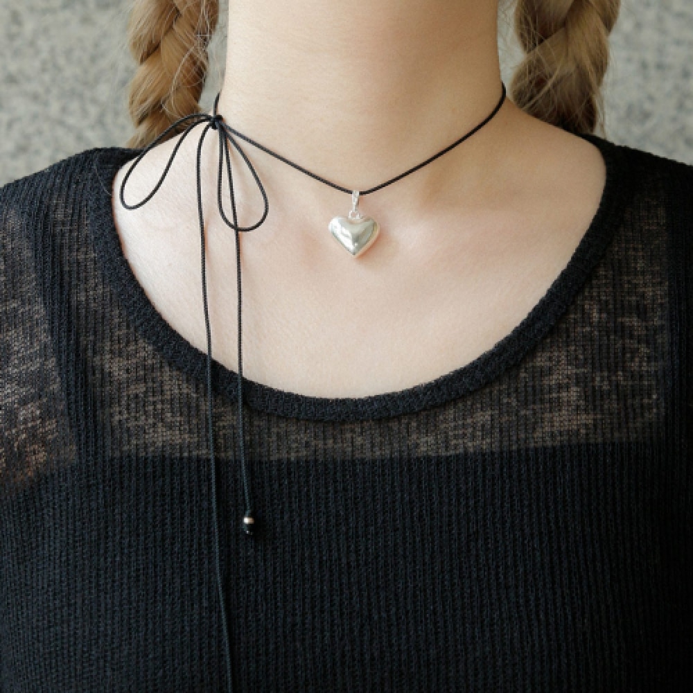 JLAURN ハートペンダントロングシルクコードフリースタイルシルバーネックレス N01132
