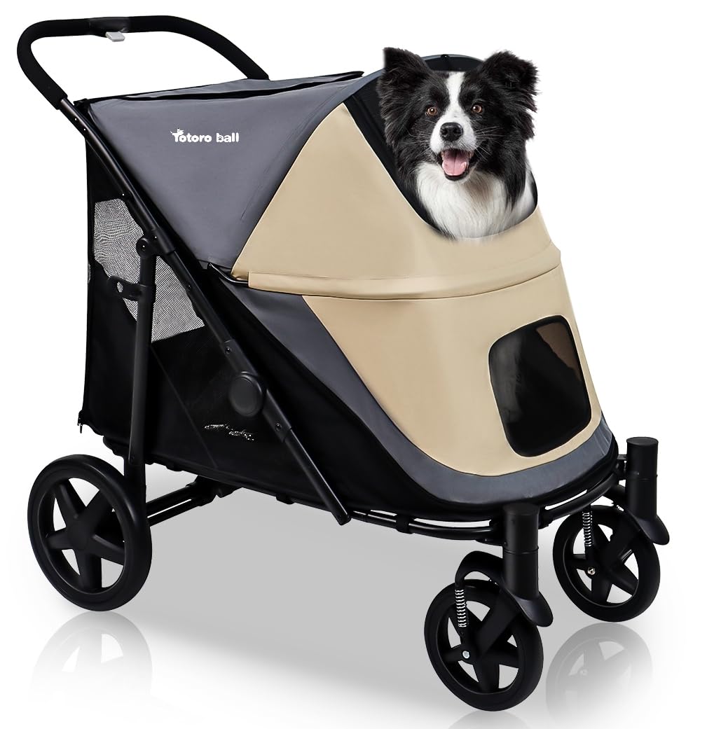 ペットカート大型犬 用カート 犬 バギー 多頭 ペットバギー 4輪 ワンタッチ折りたたみ式 軽量コンパクト 組み立て簡単 外出便利 大型・中型・多匹飼い向け 耐荷重55Kg (グレー+ベージュ)