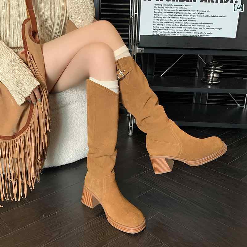 ロングブーツ レディース カジュアル おしゃれ パイル ブーツ 革 スクエアトゥ ブラウン ナイト ブーツ ハイ ブーツ ハイヒール 小柄の方