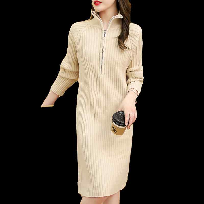 セーター 長袖 レディース 秋冬 ワンピース スカート ミモレ丈ハーフジップ ニット 単色 ハイネック ウール ジッパー 大きいサイズ グレー カーキ 黒