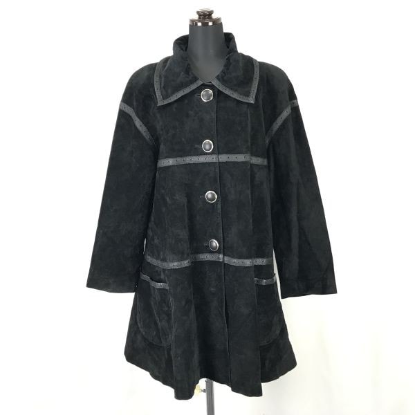 80s90s日本製エフタカコ/F.TAKAKOスエードレザーコート/アウター【レディースM/黒/black】肩パット/レトロ/vintage/Coats/Jakets/Made in JapanmBH