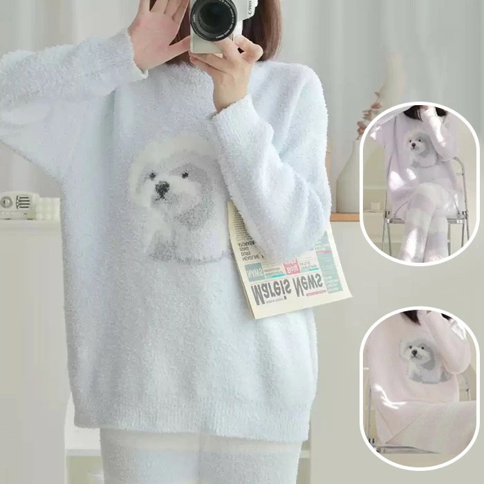 パジャマ いぬ ルームウェア レディース もこもこ 上下セット ナイトウェア 可愛い 長袖 部屋着 秋冬 セットアップ おうち時間 ロングパンツ 韓国ファッション 大人 ゆったり 暖かい ズボン付き