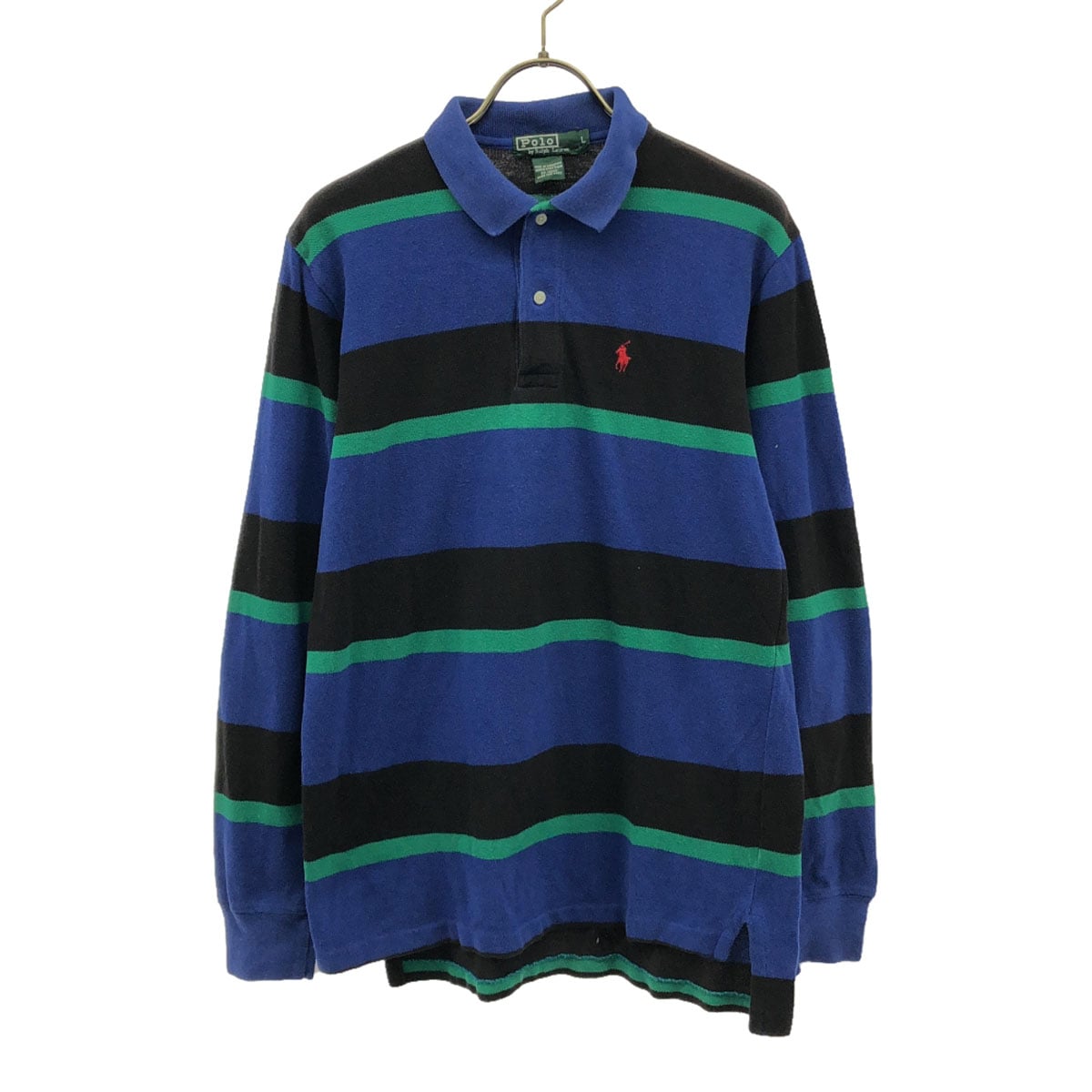 Polo by Ralph Lauren ポロバイラルフローレン 80s ヴィンテージ ボーイズ 緑タグ ボーダー 長袖 ポロシャツ L ブルー系 鹿の子 メンズ 古着 5,881円