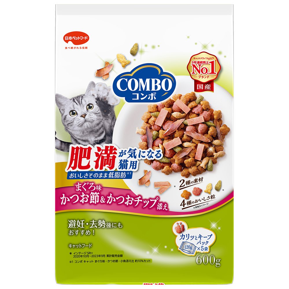 キャットフード　コンボ　キャット　肥満が気になる猫用　まぐろ味・かつお節・かつおチップ添え　６００ｇ（１２０ｇX５袋）X１２　ＣＲＣ35―15―60―30―00