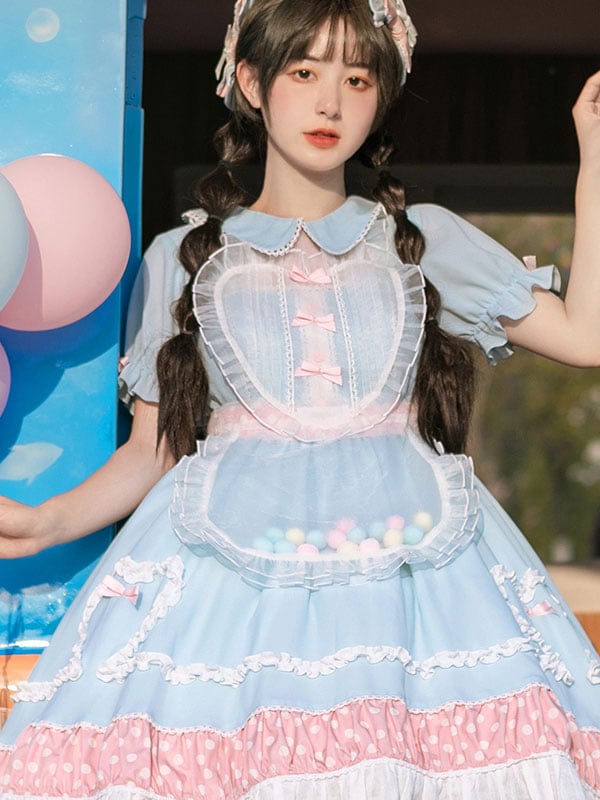 【全店任意2枚購入で100円OFF】スウィートロリータOPワンピースライトブルーピンクツートン水玉柄半袖ロリータワンピースワンピース