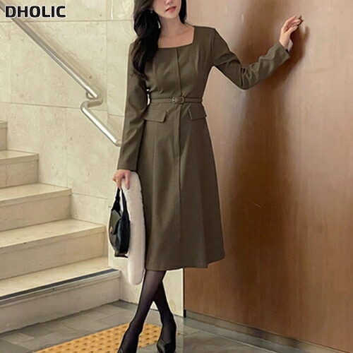 スクエアネックロングAラインフェイクポケットワンピースベルト付・1954757