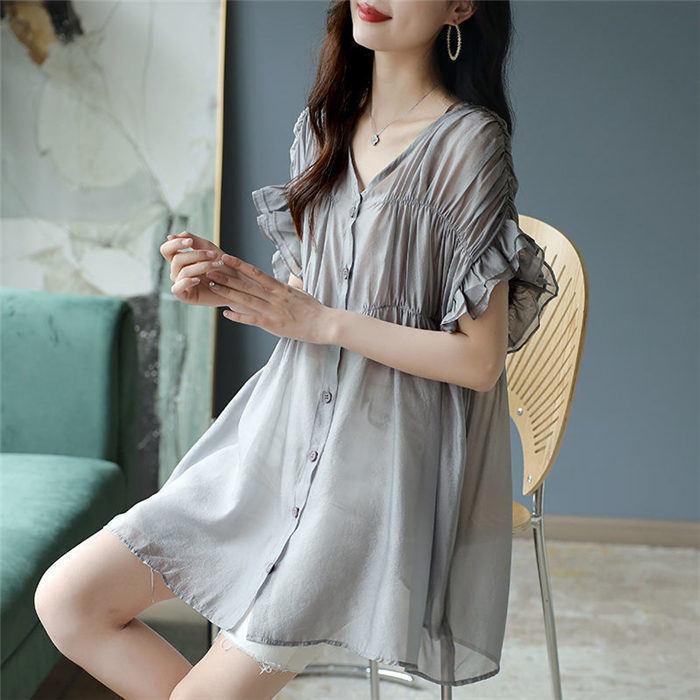 大きいサイズ チュニック ギャザー ファッション感 膝上 ロングシャツ フレア袖口 春夏 ロング ワンピース 折り襟 タック入り チュニックワンピース 【Primepic】【急速出荷】レディース