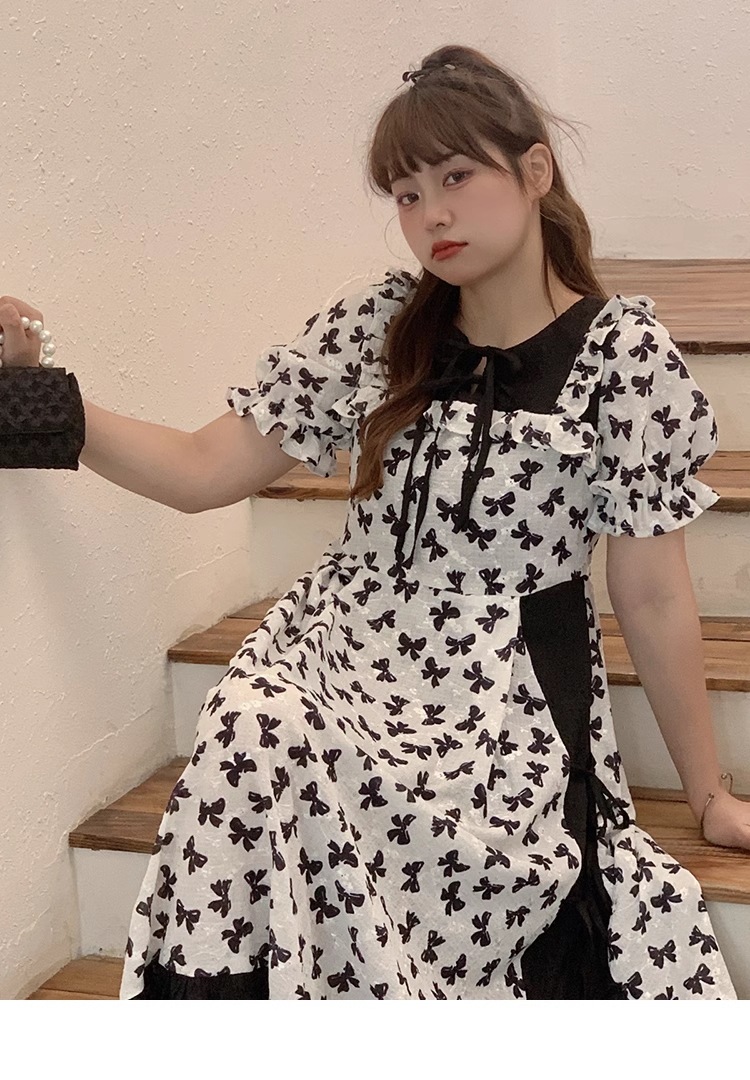 黒と白 ちょう結び プリント 大きな ドレス フリル レトロ フレンチ 個性的 ワンピース 膝下 袖あり 半袖 パフスリーブ 襟なし 大人可愛い おしゃれ お洒落 キュート ガーリー モード系