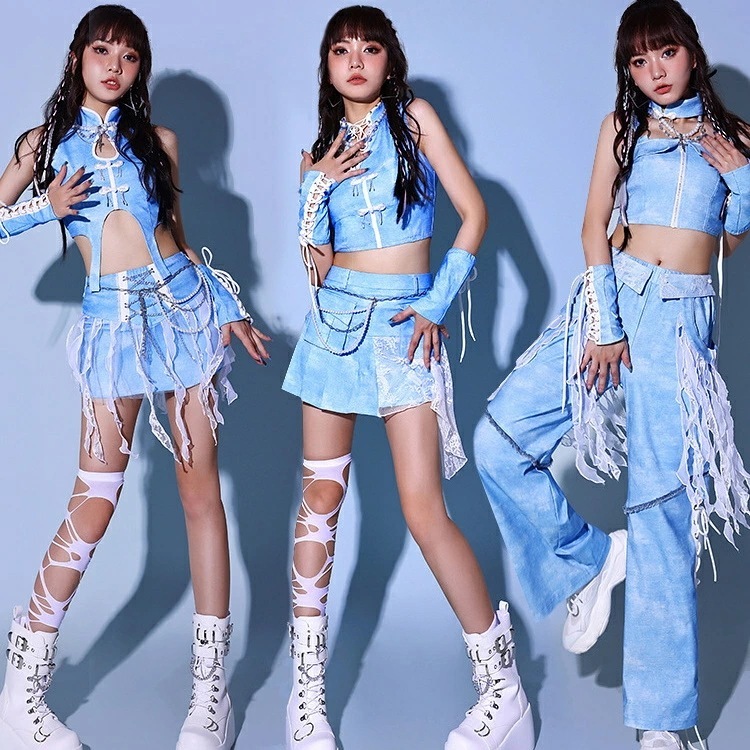 [イベントのための新作]青 ダンス衣装 レディース KPOP ステージ衣装 ブルー セットアップ へそ出し ショート丈 スカート パンツ セクシー かっこいい 韓国 アイドル 発表会 イベント ヒッ