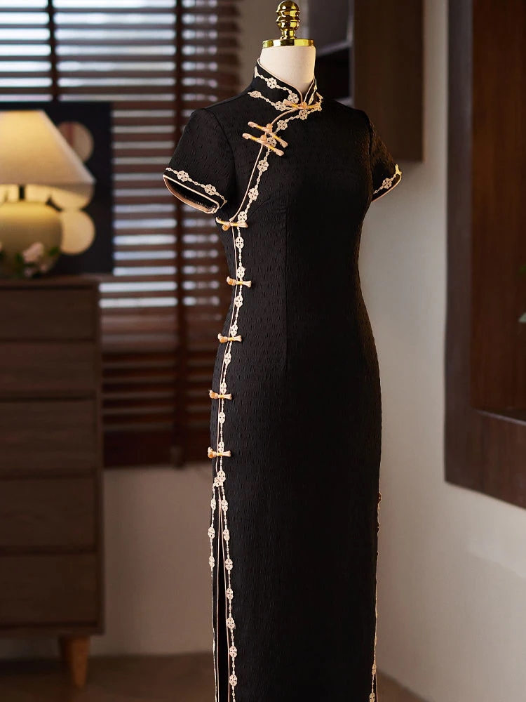 改善されたチャイナドレス新しい風黒痩身ゴールドレースドレスハイエンド気質夏