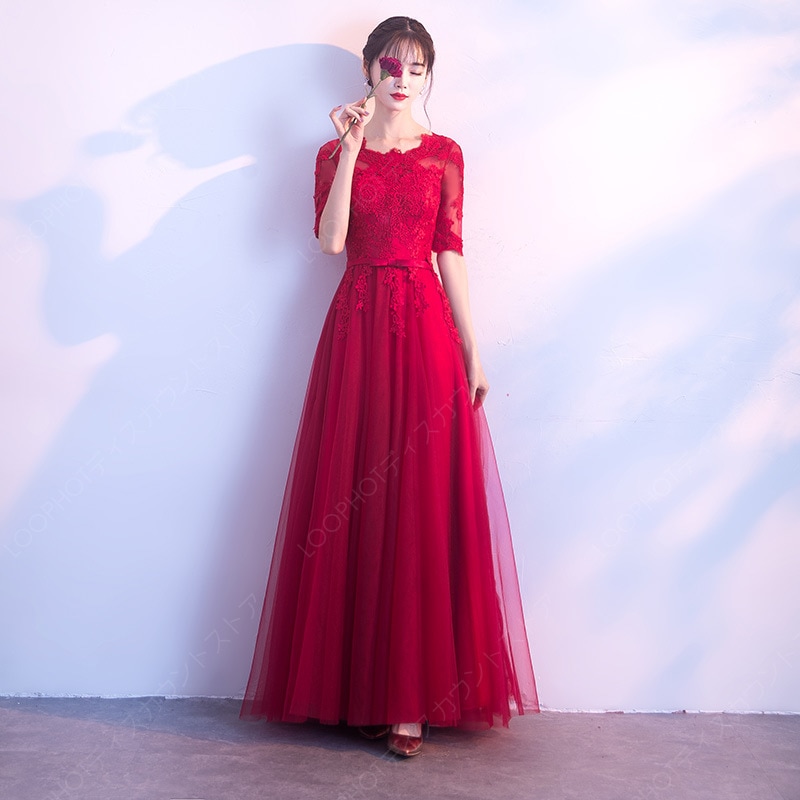 フィッシュテール パーティー ミモレ丈ドレス パープル ドレス 発表会 演奏会用 袖付き ワンピース 結婚式 イレギュラーヘム 30代 20代 ロング-69