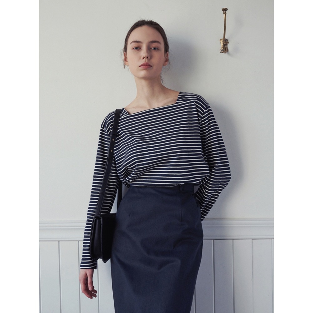 LOEIL スクエアストライプ Tシャツネイビー