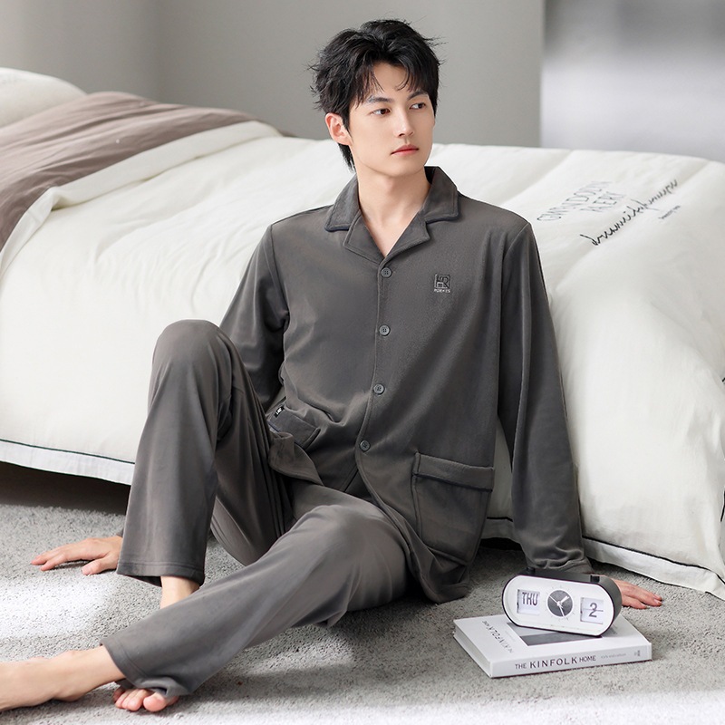 アイランドベルベットパジャマメンズ秋と冬薄いベルベット暖かいコーラルベルベットホーム服春秋メンズベルベット厚みのあるスーツ