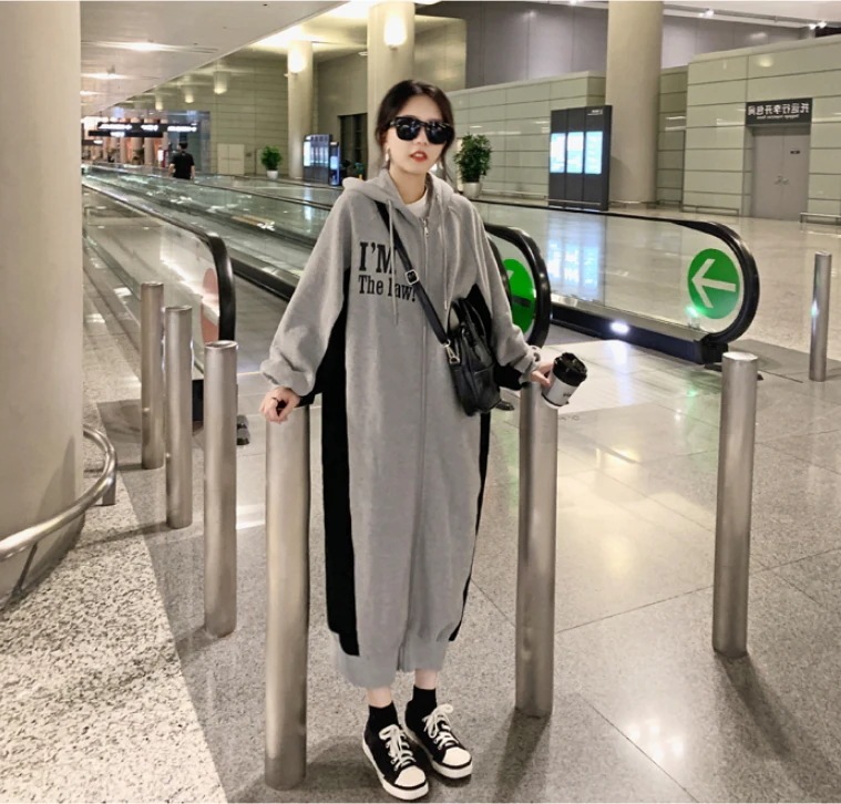 プルオーバー スウェットワンピース ワンピース フード付き 長袖 通勤 ハイウエスト 春 ミドル丈スカート ポケット ポリエステル S M L グレー スウェット ワンピドレス マキシ マキシ丈 10,152円