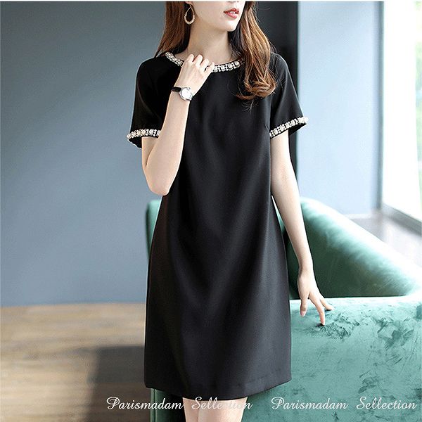 限定セール！ブラック上品ワンピース　ビーズ　ラウンドネック　ストレートライン　半袖　ひざ丈　ほっそり効果大 20代30代40代50代60代　ミセス