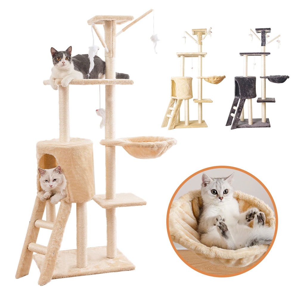 即日発送 キャットタワー 据え置き 登り台 猫ハウス 組み立て式 運動不足解消 爪研ぎ 爪とぎ付き ネコのおもちゃ キャットランド 隠れ家 ネコ用品 ストレス解消 室内飼い 階段 多頭猫の遊び場
